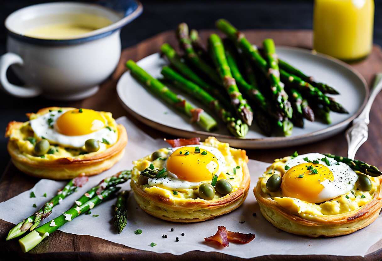 Comment préparer des galettes aux œufs brouillés, asperges et crème de lard fumé ?