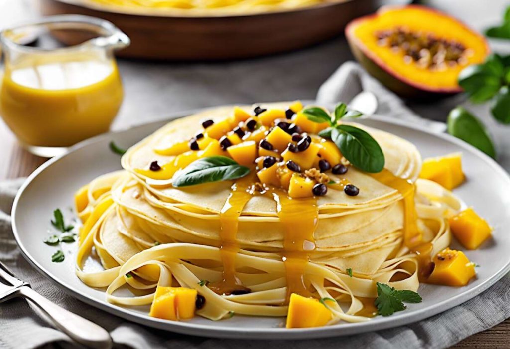 Comment réaliser des tagliatelles de crêpes et mangue avec une vinaigrette passion pour un dessert original ?
