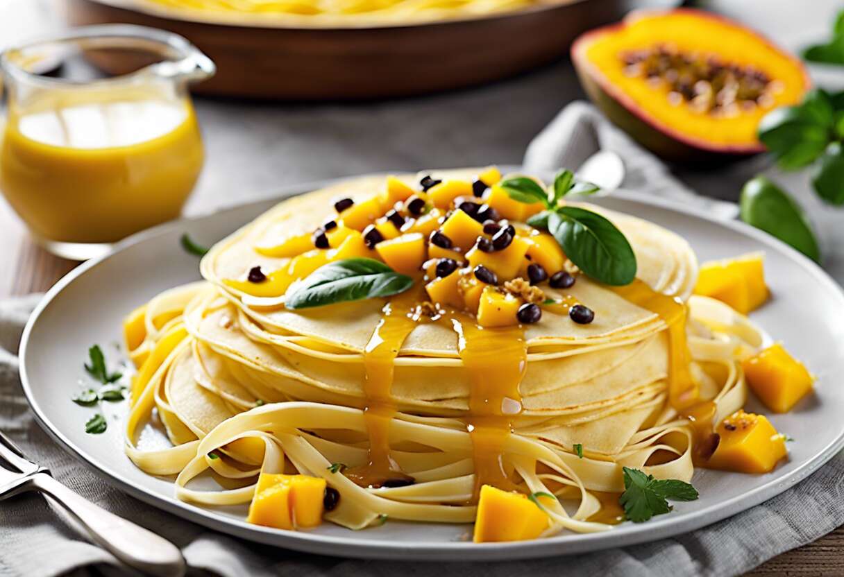 Comment réaliser des tagliatelles de crêpes et mangue avec une vinaigrette passion pour un dessert original ?
