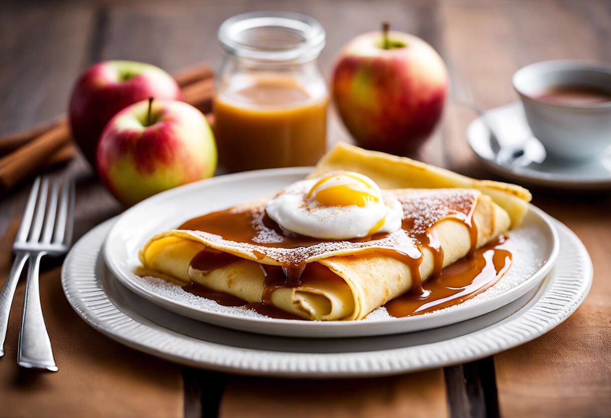 Crêpe fourrée aux pommes et sauce caramel