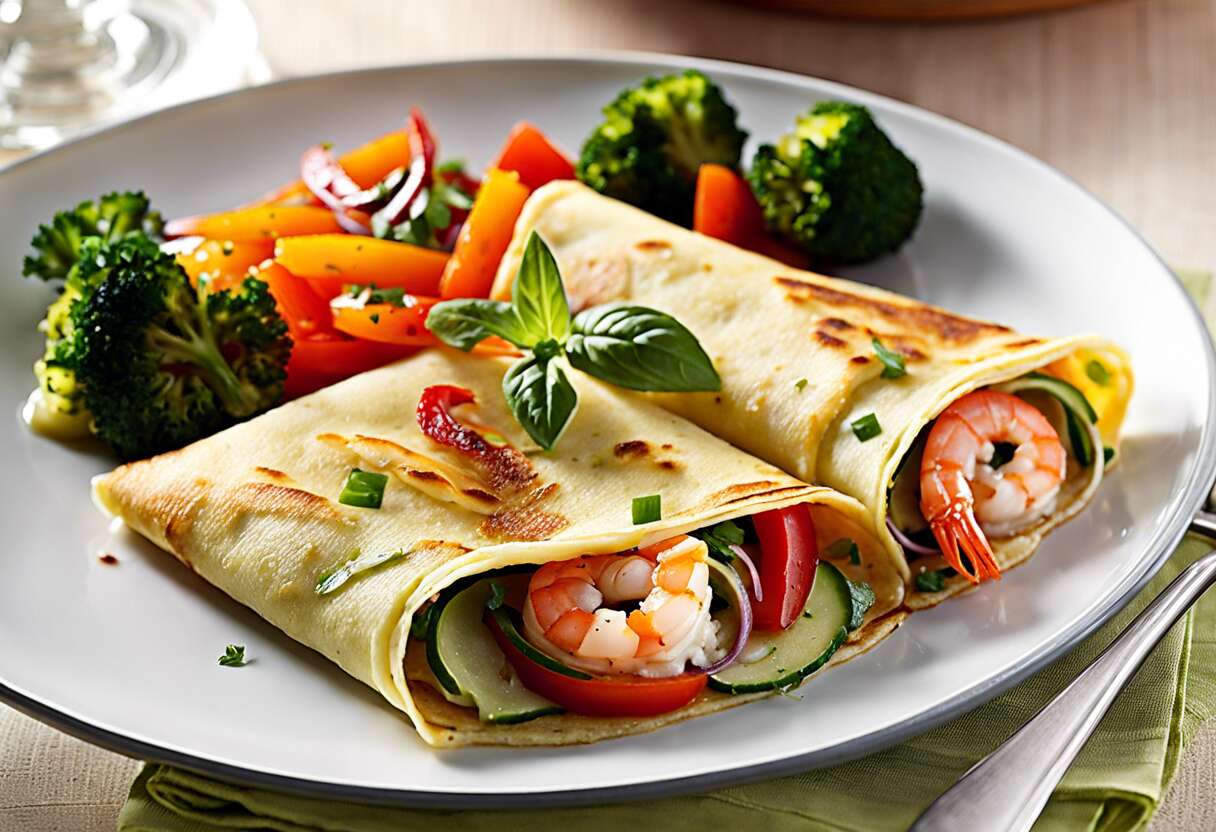 Crêpes aux crevettes, légumes croquants et pistou