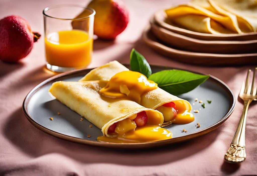 Crêpes à la vanille : chutney de mangue et nage de litchi