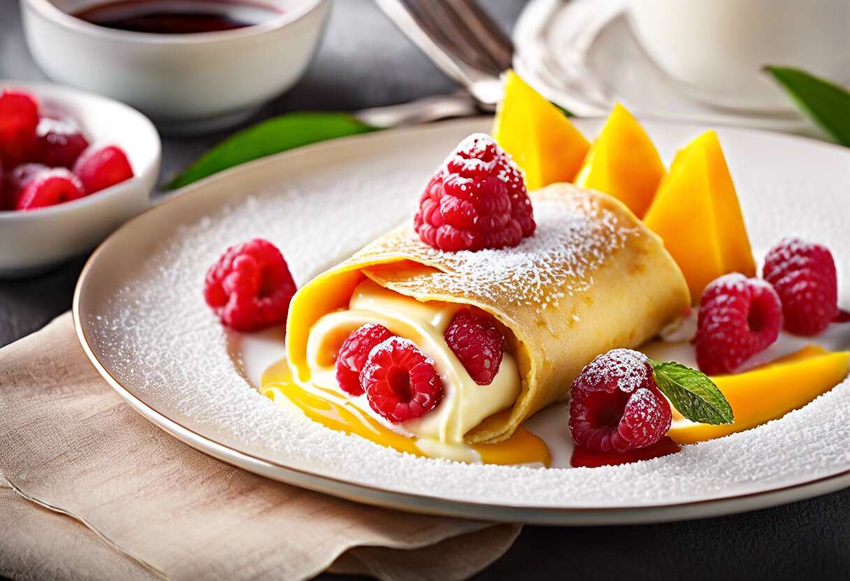 Maki de crêpes et riz au lait à la mangue et framboise