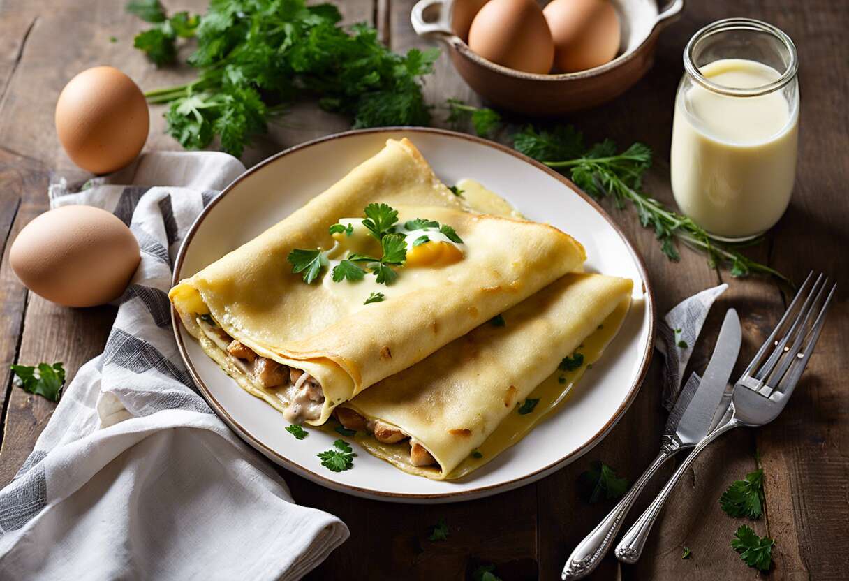 Crêpes roulées au poulet et champignons à la béchamel