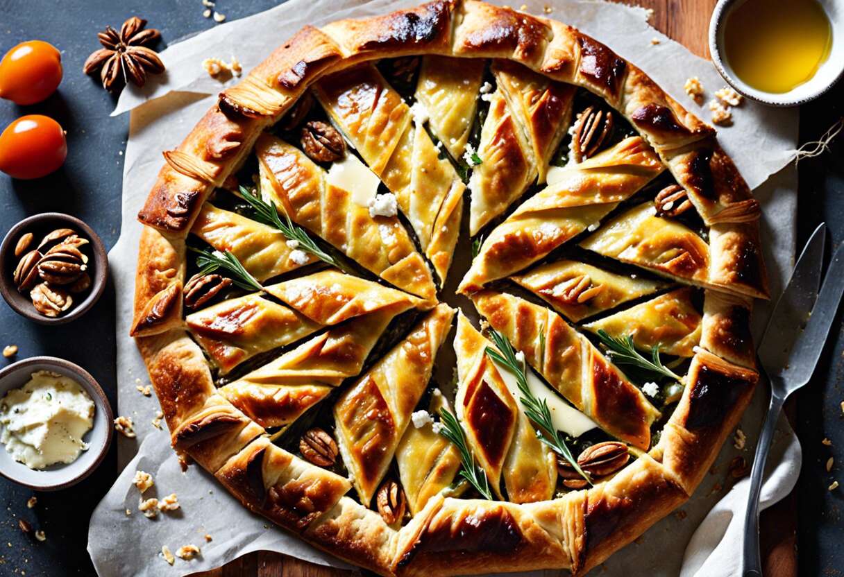 Galette salée : chèvre, noix, gruyère râpé et miel