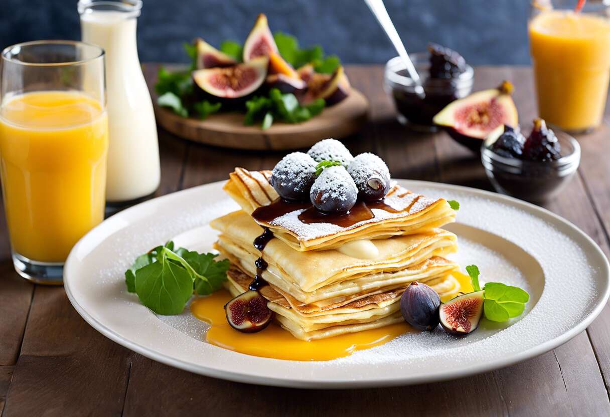 Mille-feuille de crêpes sucrées-salées au foie gras et milk-shake à l'orange