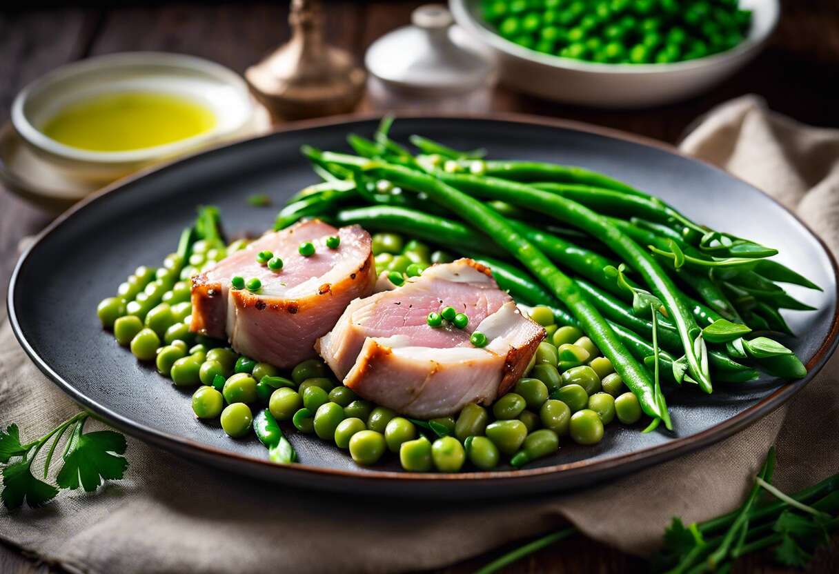 Crépinettes de petits pois, haricots verts et oignons de printemps