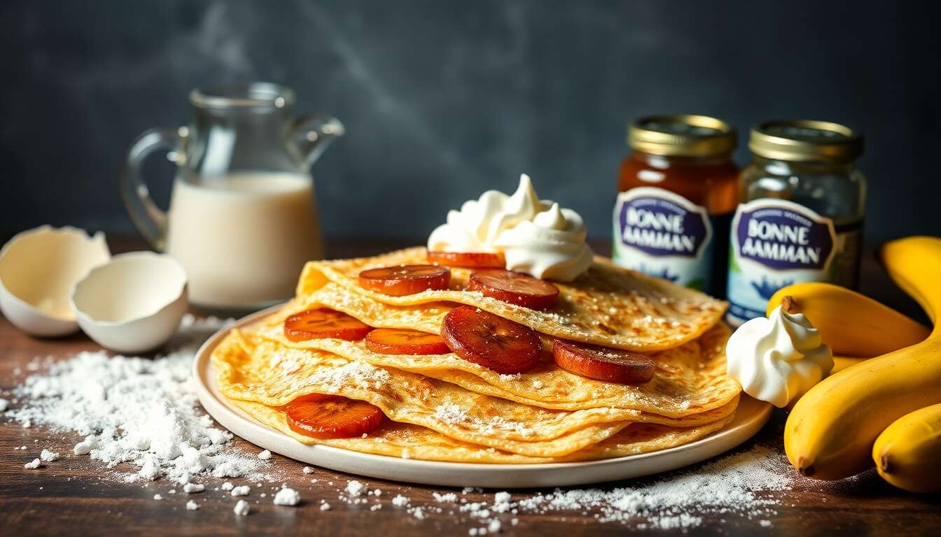 Crêpes gourmandes à la banane rôtie et pâte à tartiner Bonne Maman avec chantilly