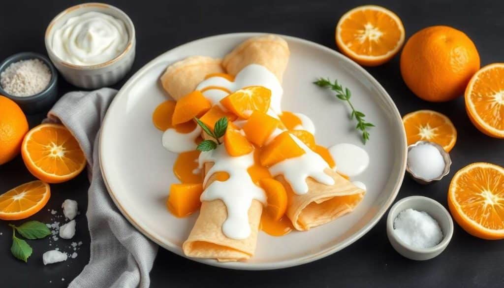 Crêpes à la crème de coco, clémentines et sauce à l'orange : sans gluten, sans lait, sans œufs
