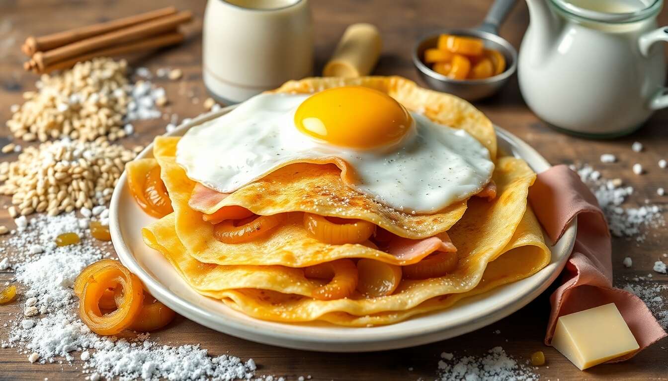 Crêpe complète aux échalotes caramélisées, œufs et jambon : une recette savoureuse