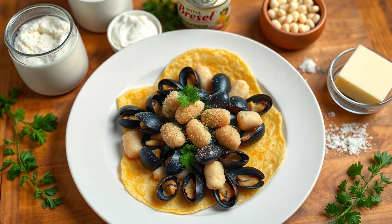 Crêpes farcies aux fruits de mer : moules, crevettes et noix de St-Jacques