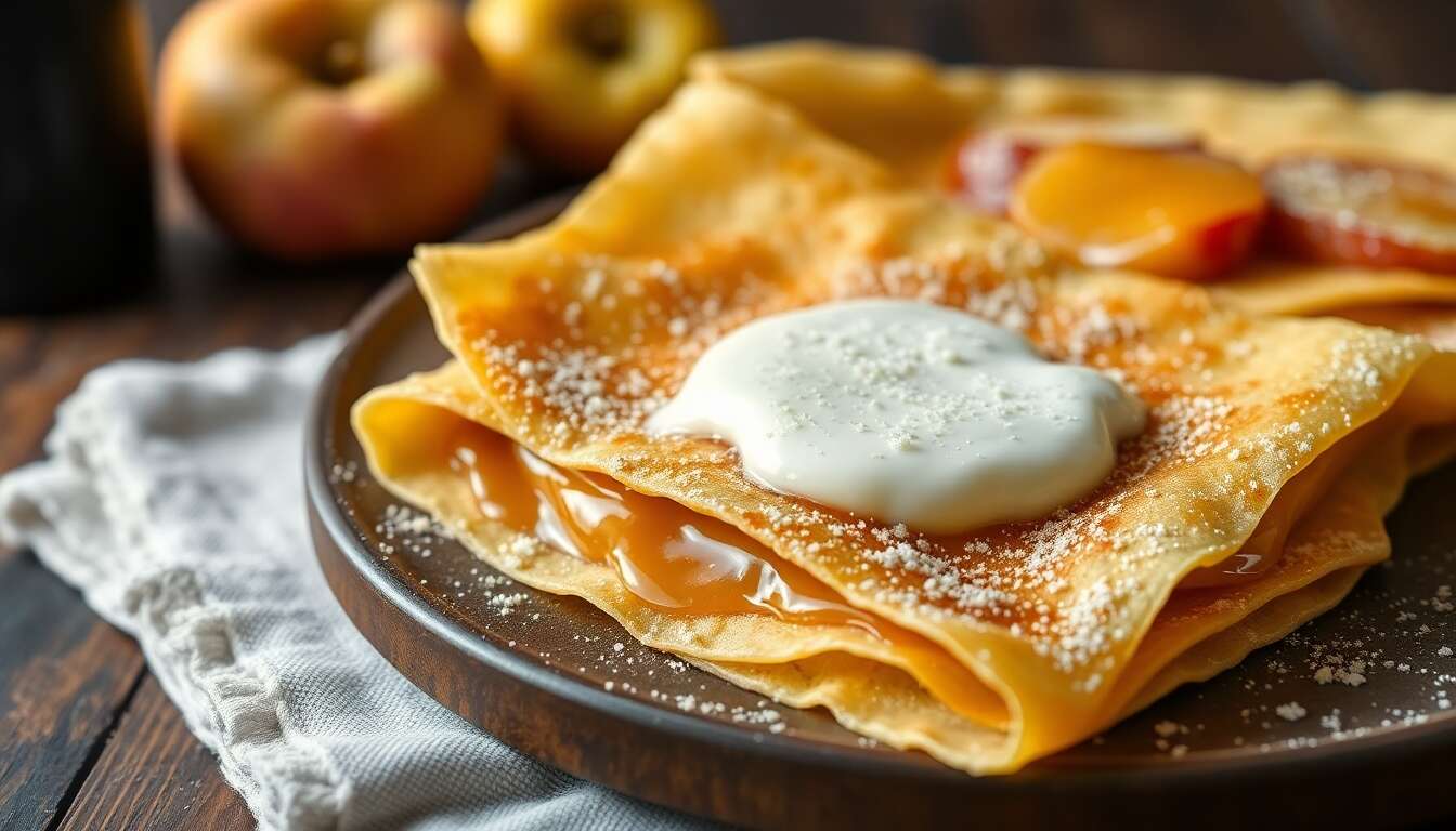 Crêpes en aumônière : pommes caramélisées flambées au Calvados