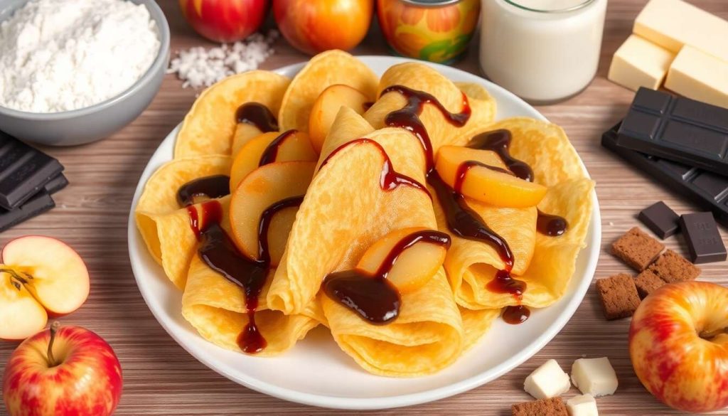 Tagliatelles de crêpes, pommes caramélisées et coulis de chocolat