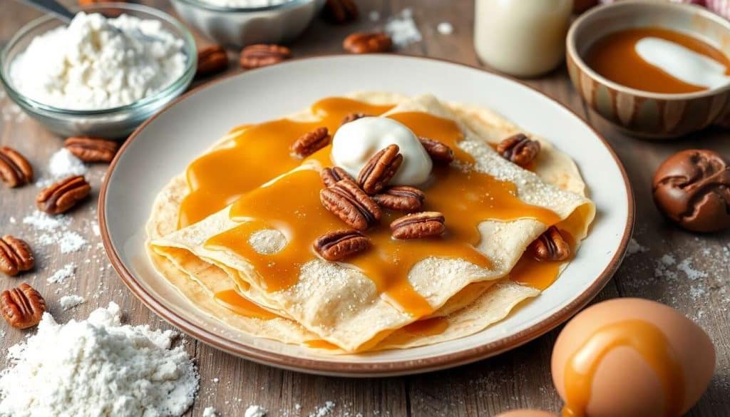 Crêpes au caramel beurre salé et noix de pécan : recette gourmande