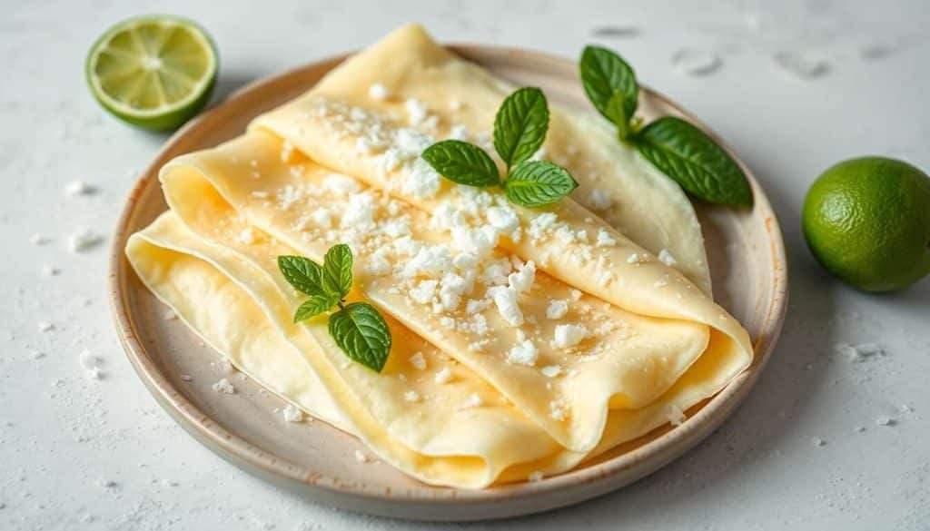 Crêpes fines à la mousse de lime et noix de coco : recette gourmande
