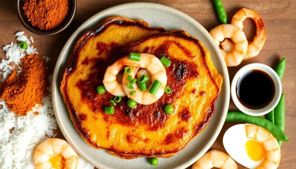 Crêpes japonaises épicées : crevettes, gobo et petits pois
