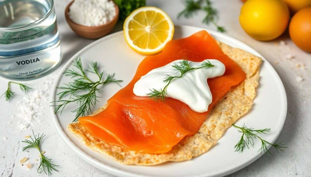 Saumon fumé en crêpe de sarrasin : recette raffinée à la vodka et chantilly aneth-citron