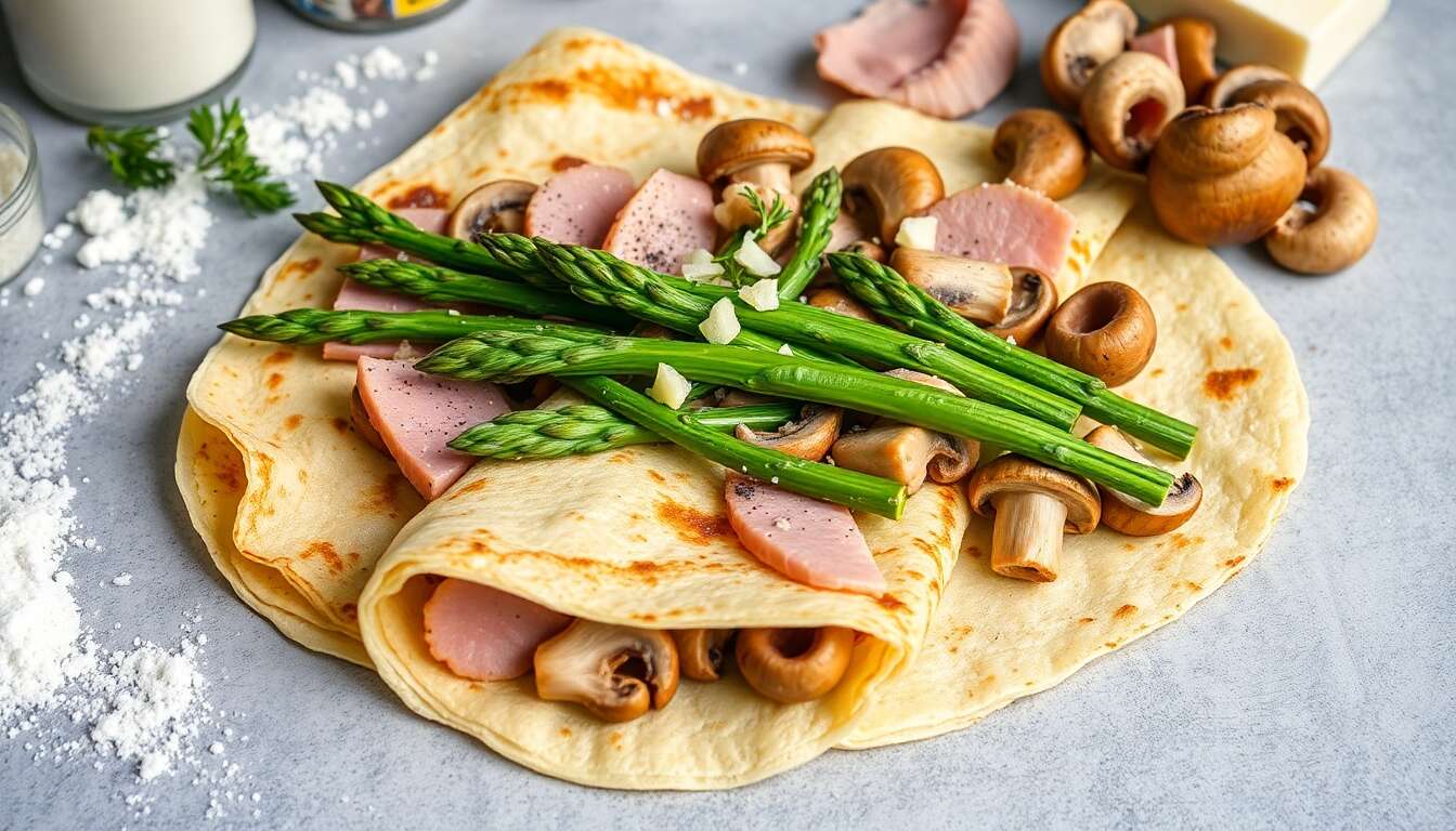 Crêpes salées aux asperges, jambon et champignons : recette savoureuse