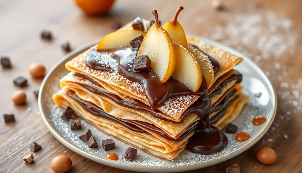 Millefeuille de crêpes roulé chocolat poire : recette gourmande