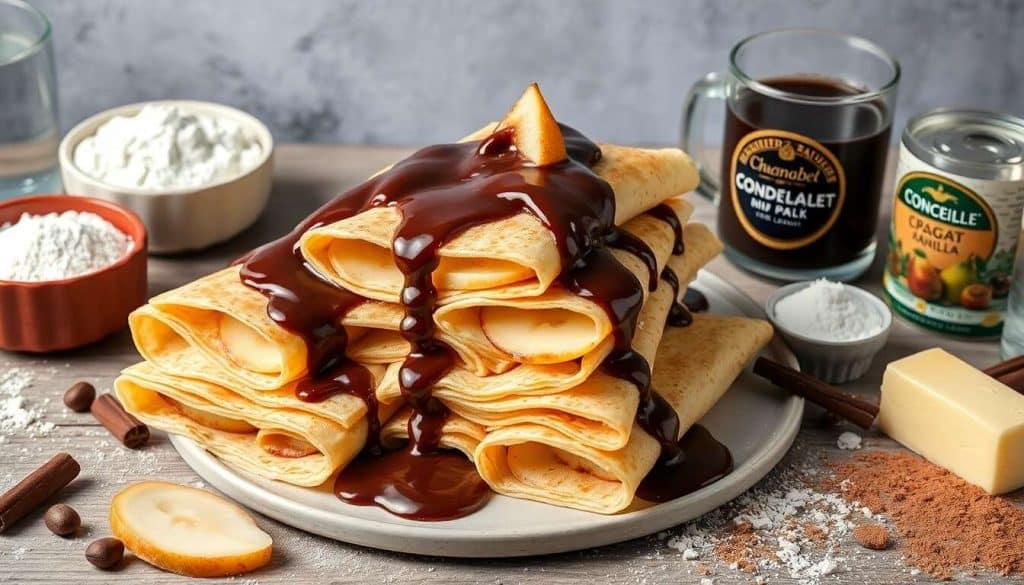 Baluchons de crêpes aux poires : délicieuse sauce chocolat