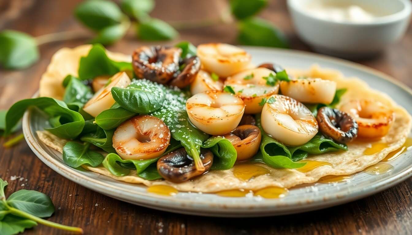 Crêpes épinards, champignons et noix de pétoncle : recette gourmande
