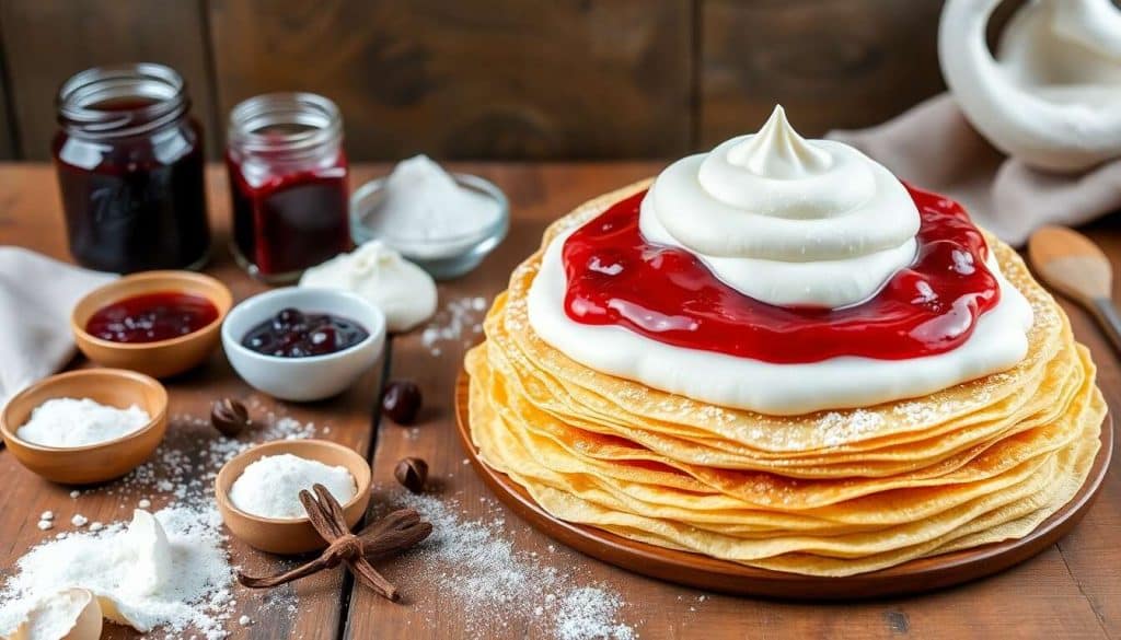 Gâteau de crêpes à la confiture et mousse vanille légère