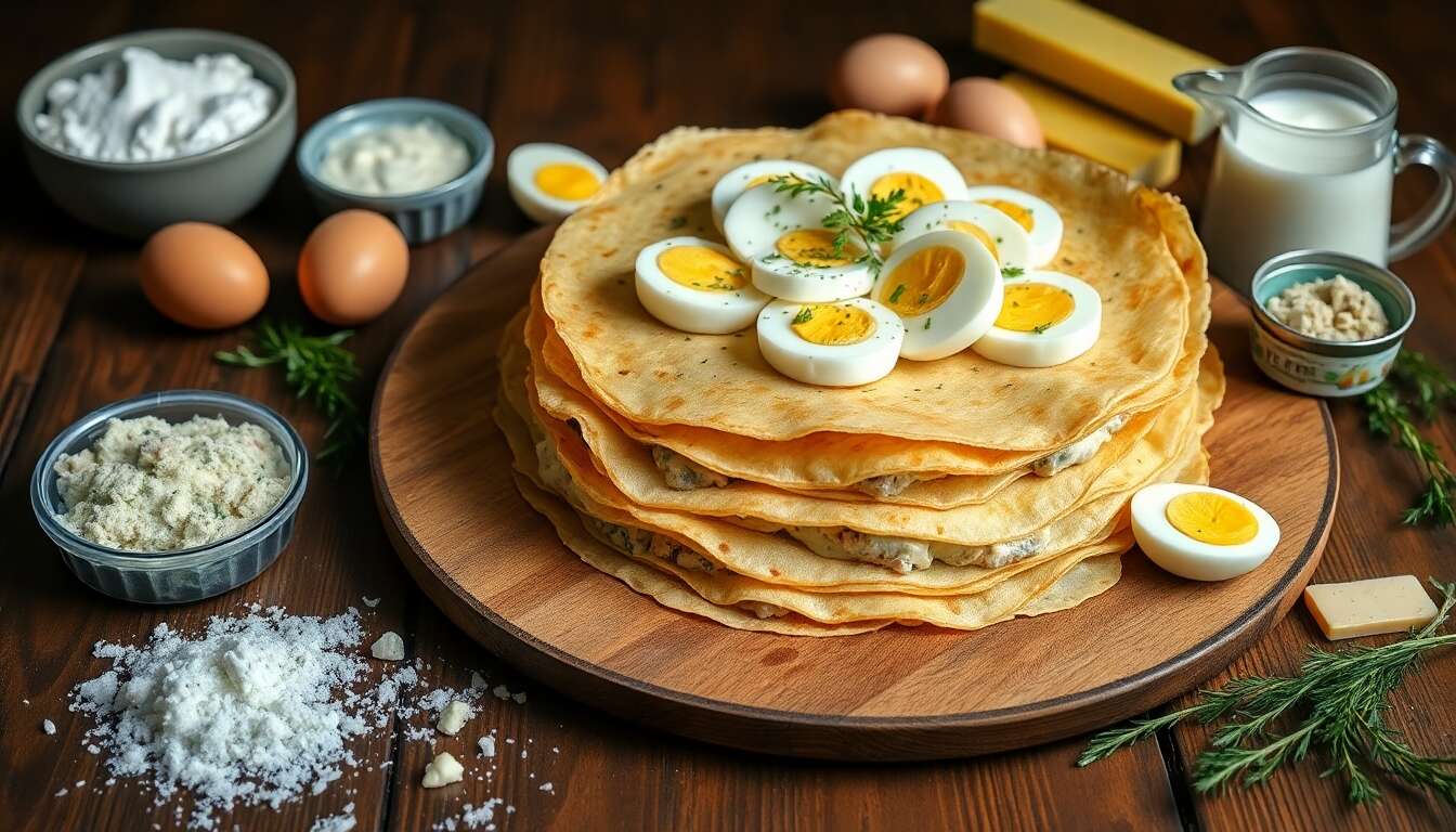 Gâteau de crêpes salées au thon et œufs durs : recette savoureuse