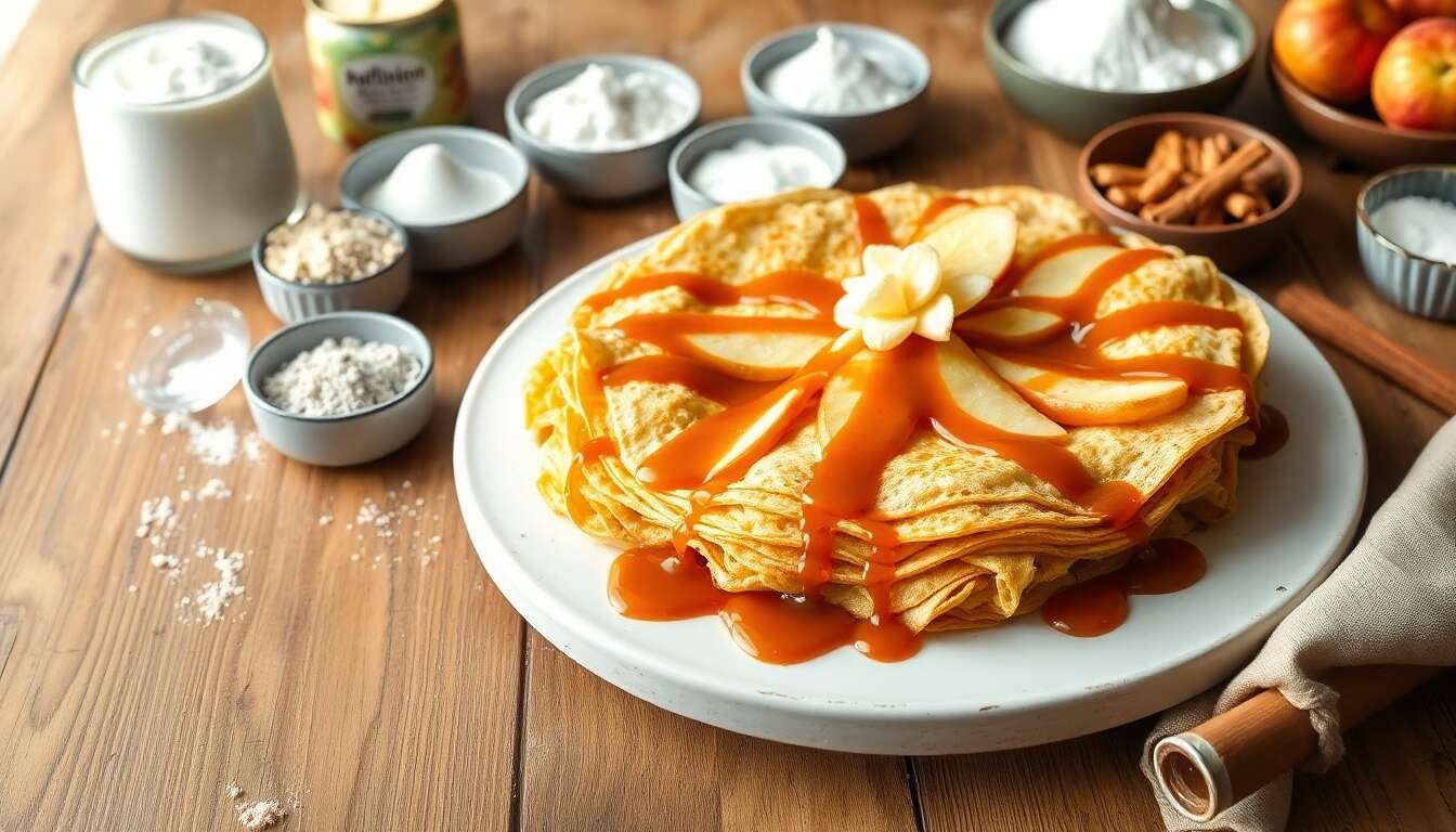 Tourte de crêpes aux pommes : sauce caramel praliné irrésistible