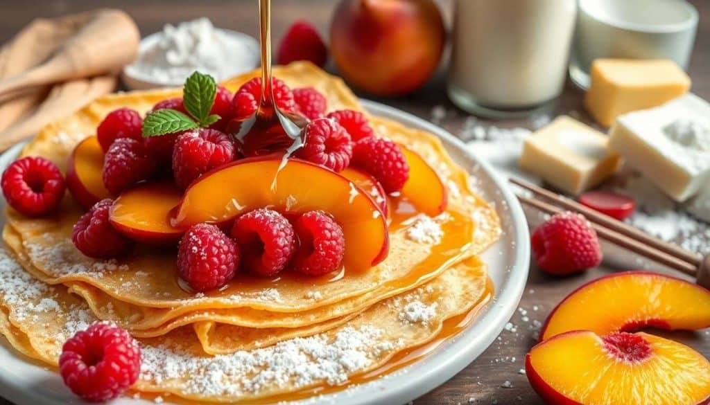 Crêpes aux framboises et pêches : recette gourmande