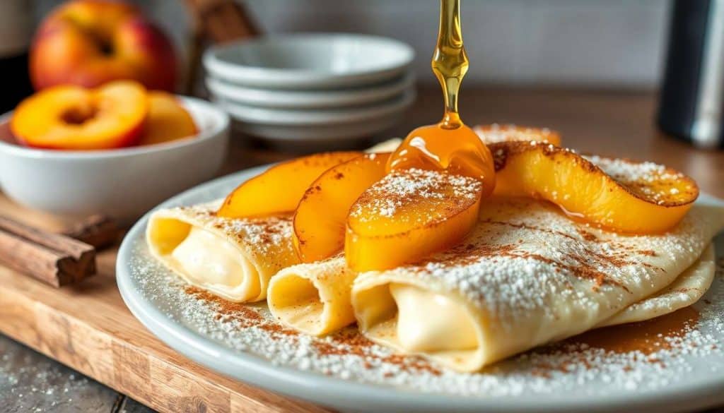 Aumônières de crêpes au fromage blanc et pêches : recette gourmande