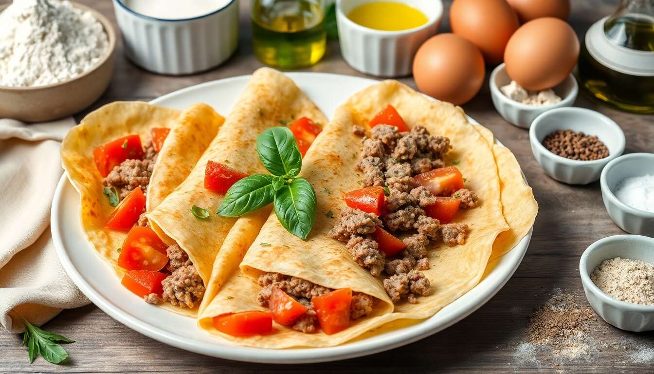 Crêpes à la viande hachée et tomate : recette savoureuse