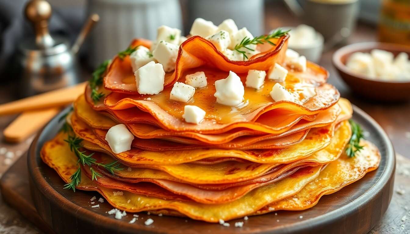 Gâteau de crêpes gratiné au jambon et chèvre : recette savoureuse