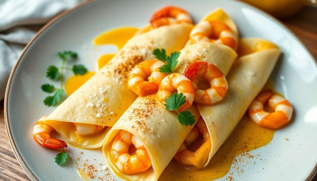 Crêpes aux crevettes et curry en aumônières : recette savoureuse