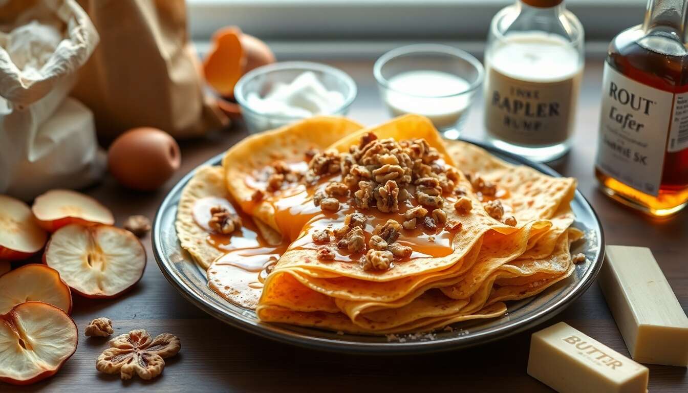 Crêpes flambées aux pommes et noix : recette gourmande