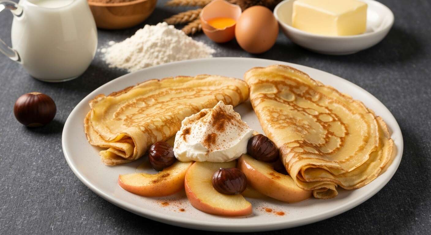 Aumônières de crêpes à la farine de châtaigne, pommes poêlées et mascarpone à la crème de marrons
