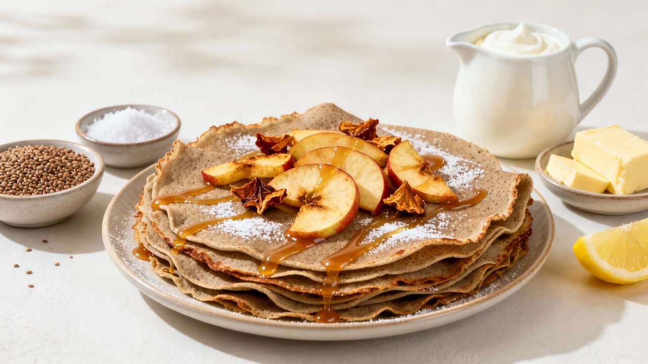 Crêpes au sarrasin : pommes confites et caramel acidulé