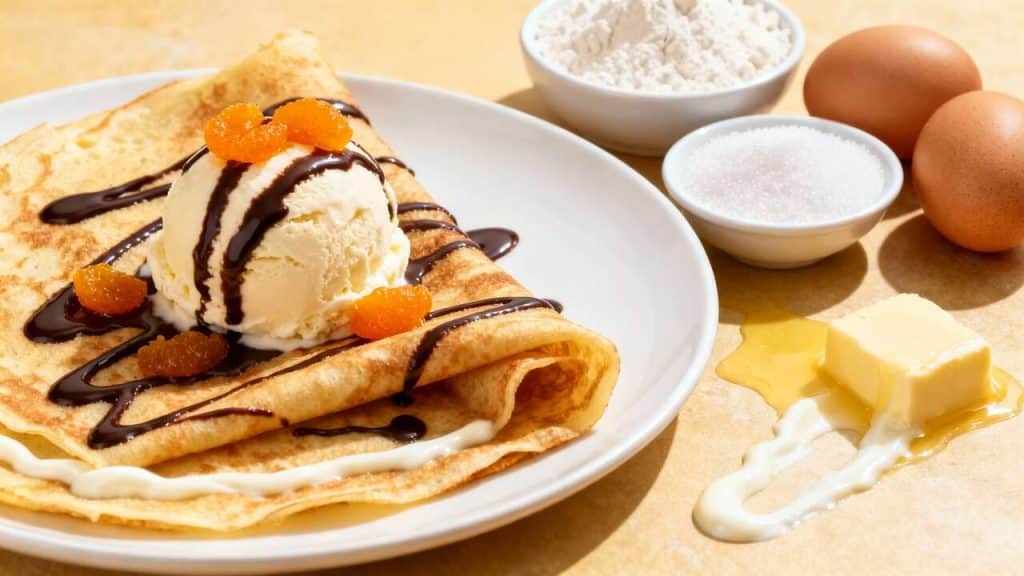 Crêpe gourmande glace vanille, orange et chocolat