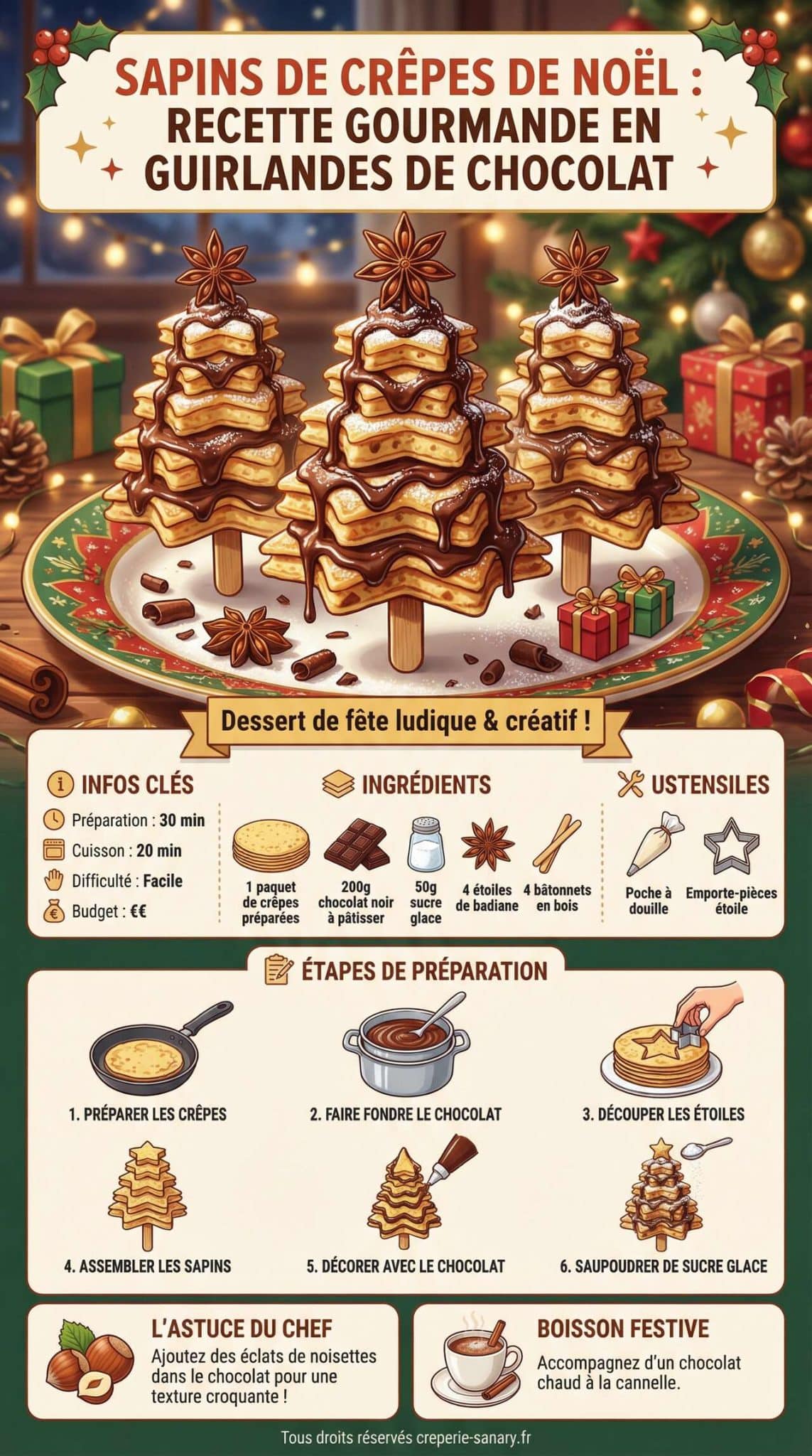 Infographie de la recette Sapins de cr&ecirc;pes de No&euml;l : recette gourmande en guirlandes de chocolat