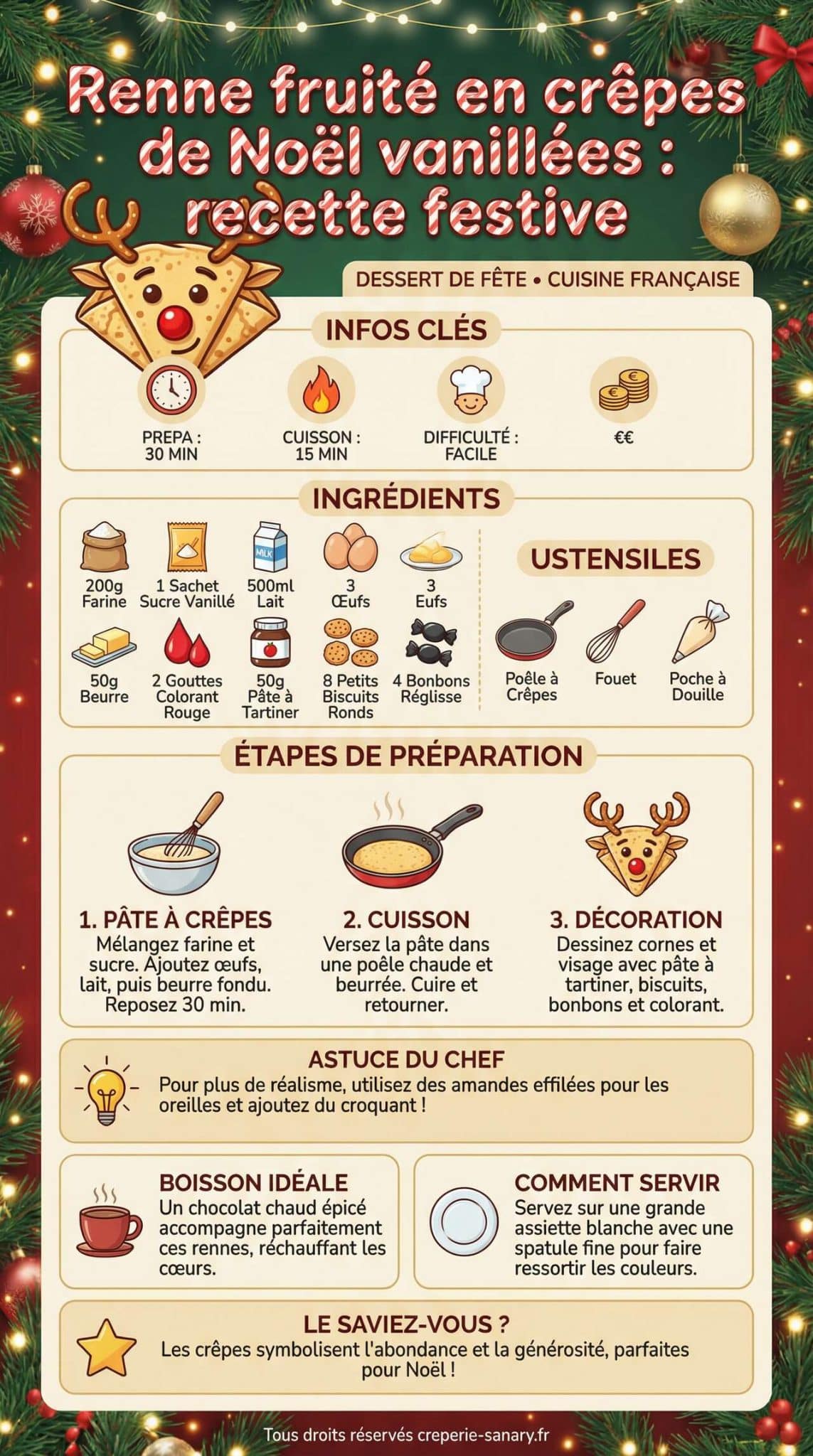 Infographie de la recette Renne fruit&eacute; en cr&ecirc;pes de No&euml;l vanill&eacute;es : recette festive