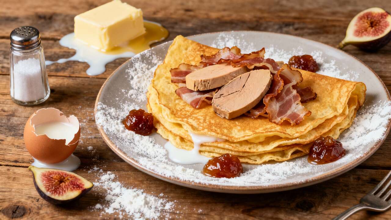 Crêpes gourmandes au foie gras, lard et figues confites