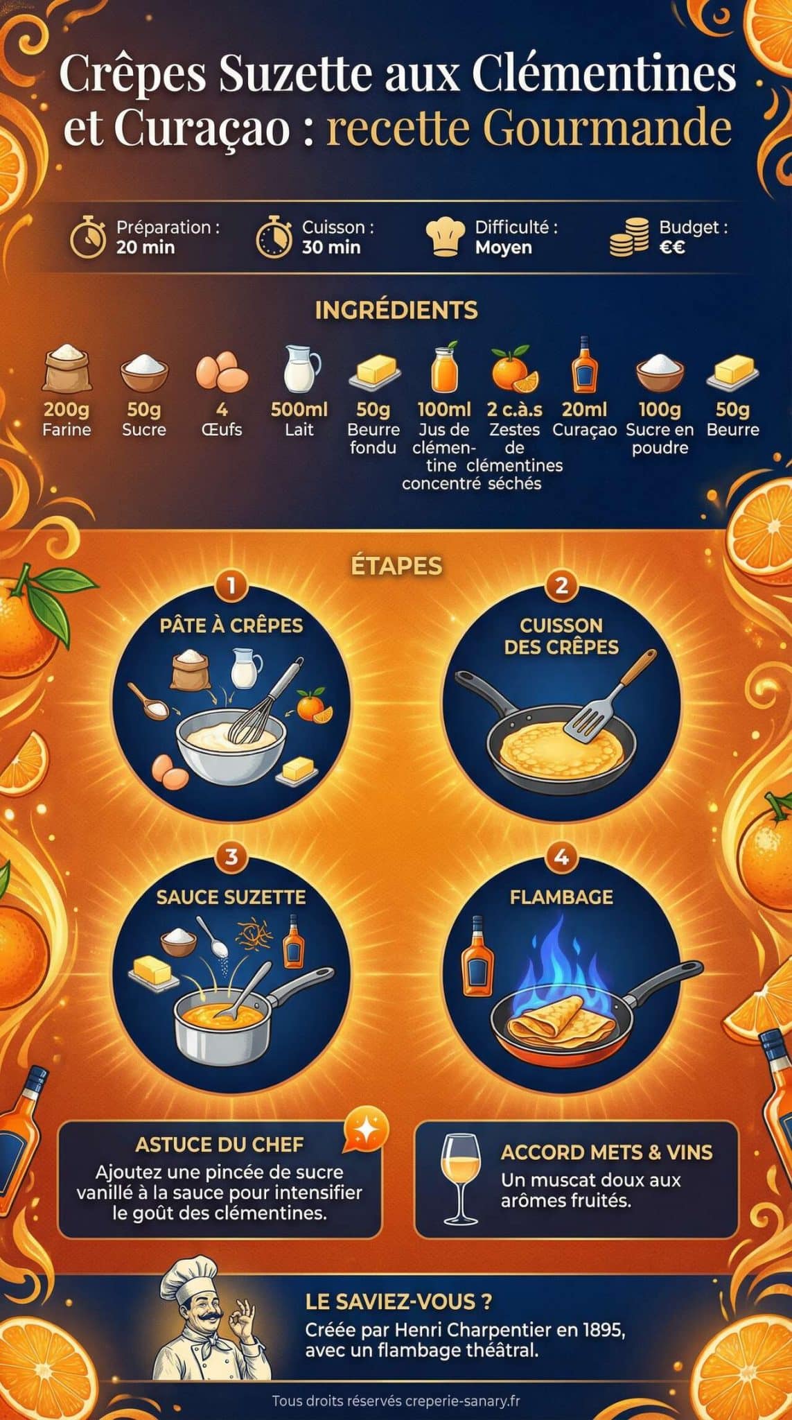 Infographie de la recette Cr&ecirc;pes Suzette aux Cl&eacute;mentines et Cura&ccedil;ao : recette Gourmande