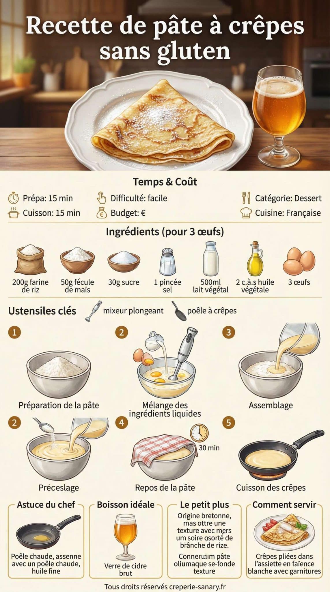 Infographie de la recette Recette de pâte à crêpes sans gluten Infographie de la recette Recette de pâte à crêpes sans gluten