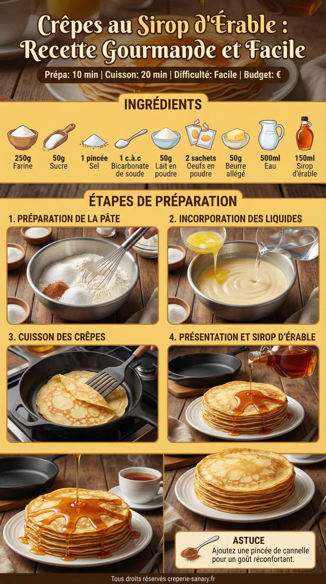 Infographie de la recette Crêpes au sirop d'érable : recette gourmande et facile Infographie de la recette Crêpes au sirop d'érable : recette gourmande et facile