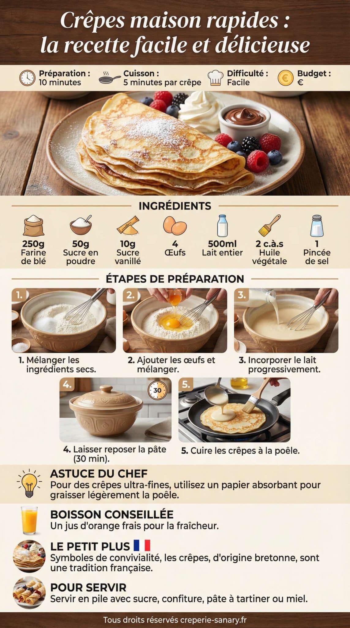Infographie de la recette Crêpes maison rapides : la recette facile et délicieuse Infographie de la recette Crêpes maison rapides : la recette facile et délicieuse