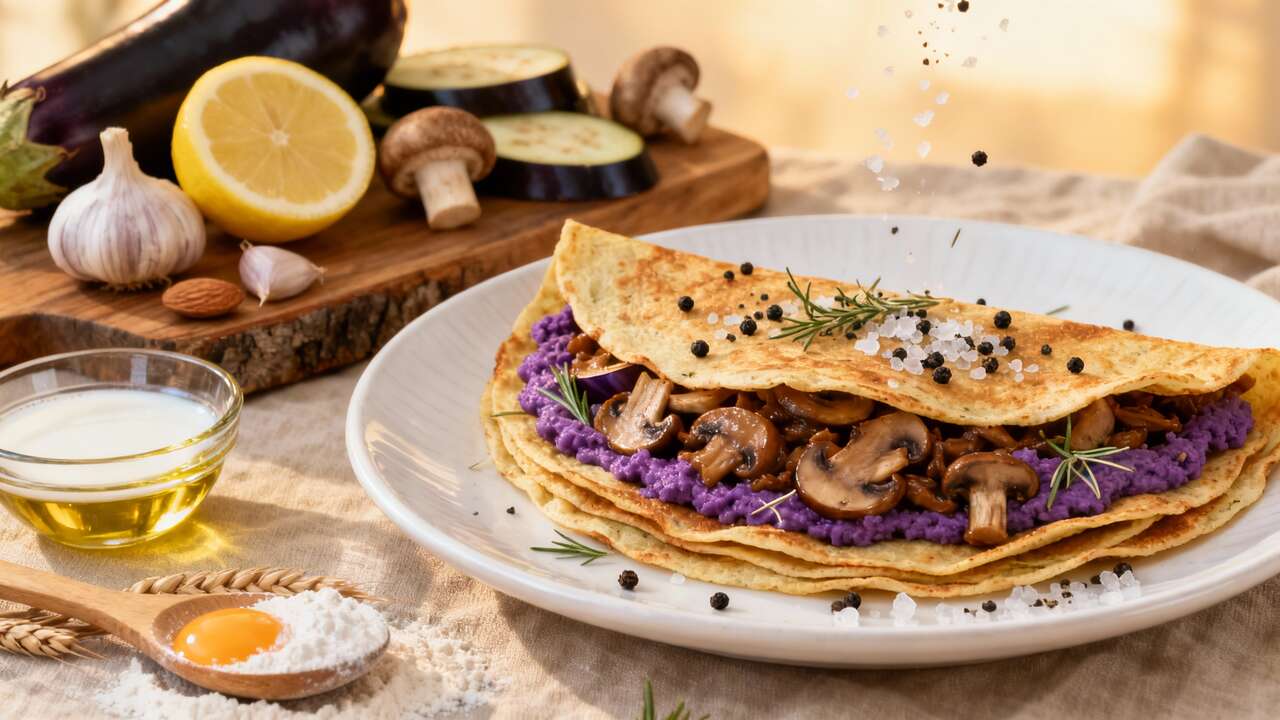 Crêpes végétariennes au caviar d'aubergine et champignons
