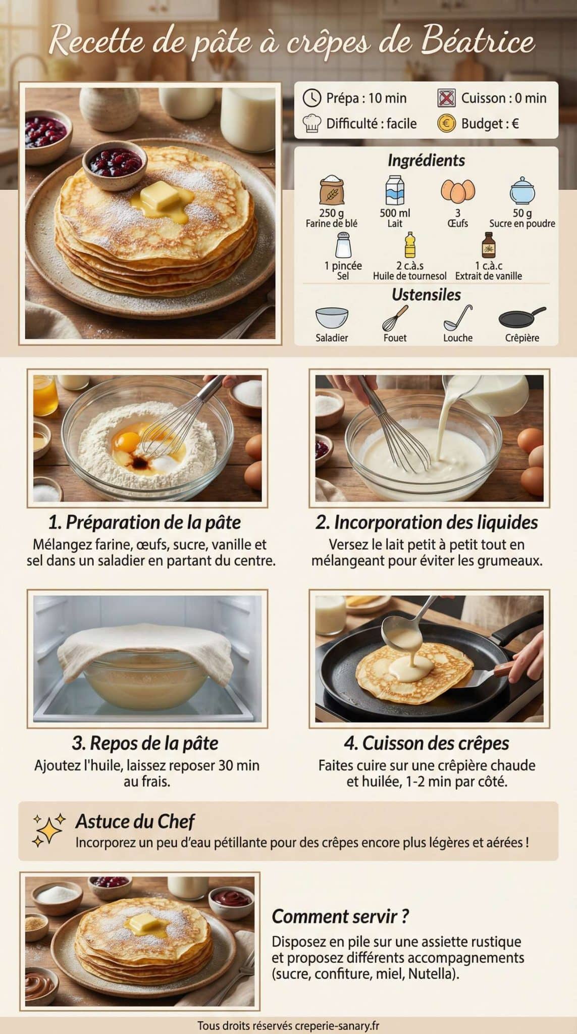 Fiche recette Recette de pâte à crêpes de Béatrice Fiche recette Recette de pâte à crêpes de Béatrice