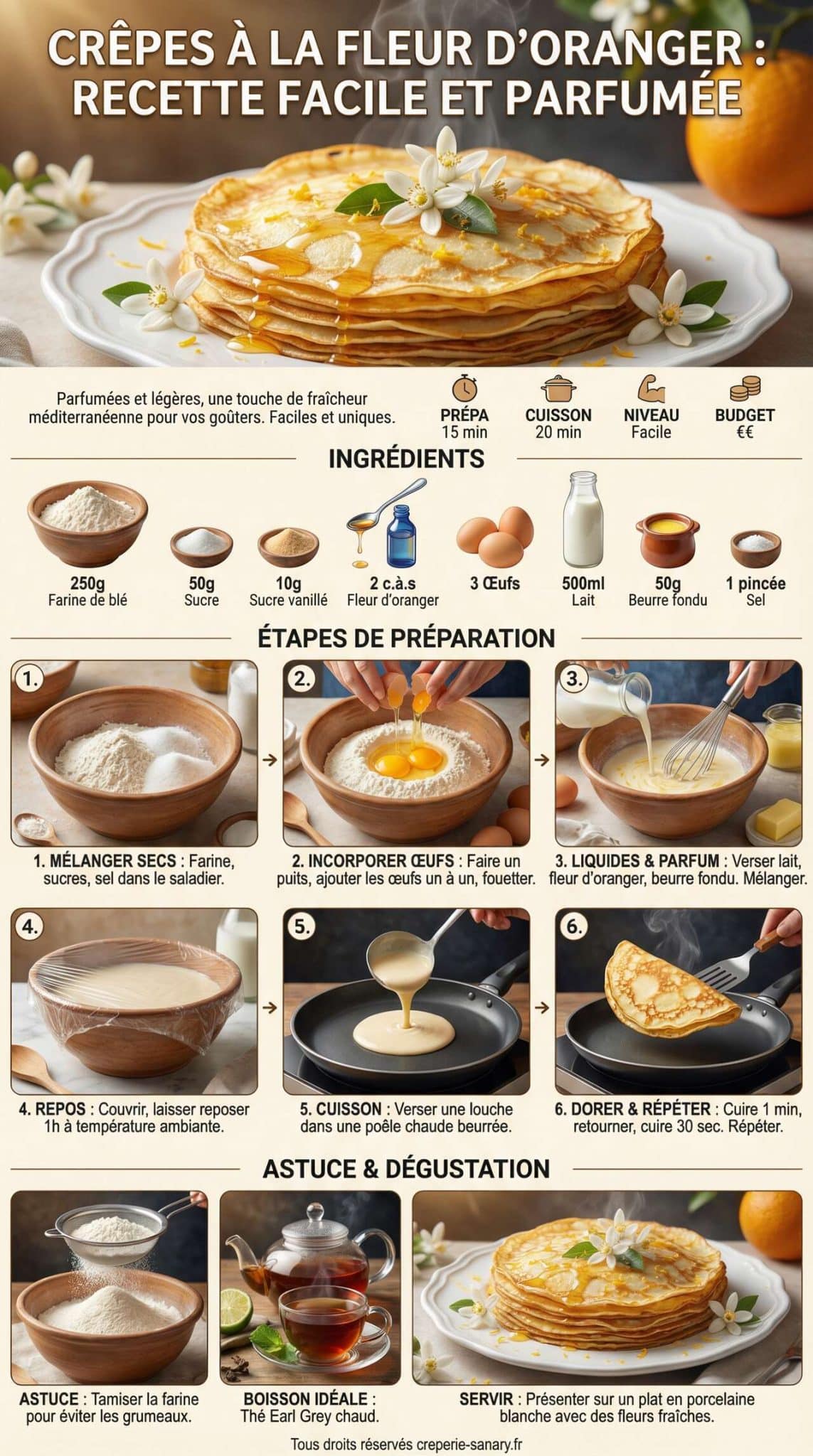 Fiche recette Crêpes à la fleur d'oranger : recette facile et parfumée Fiche recette Crêpes à la fleur d'oranger : recette facile et parfumée