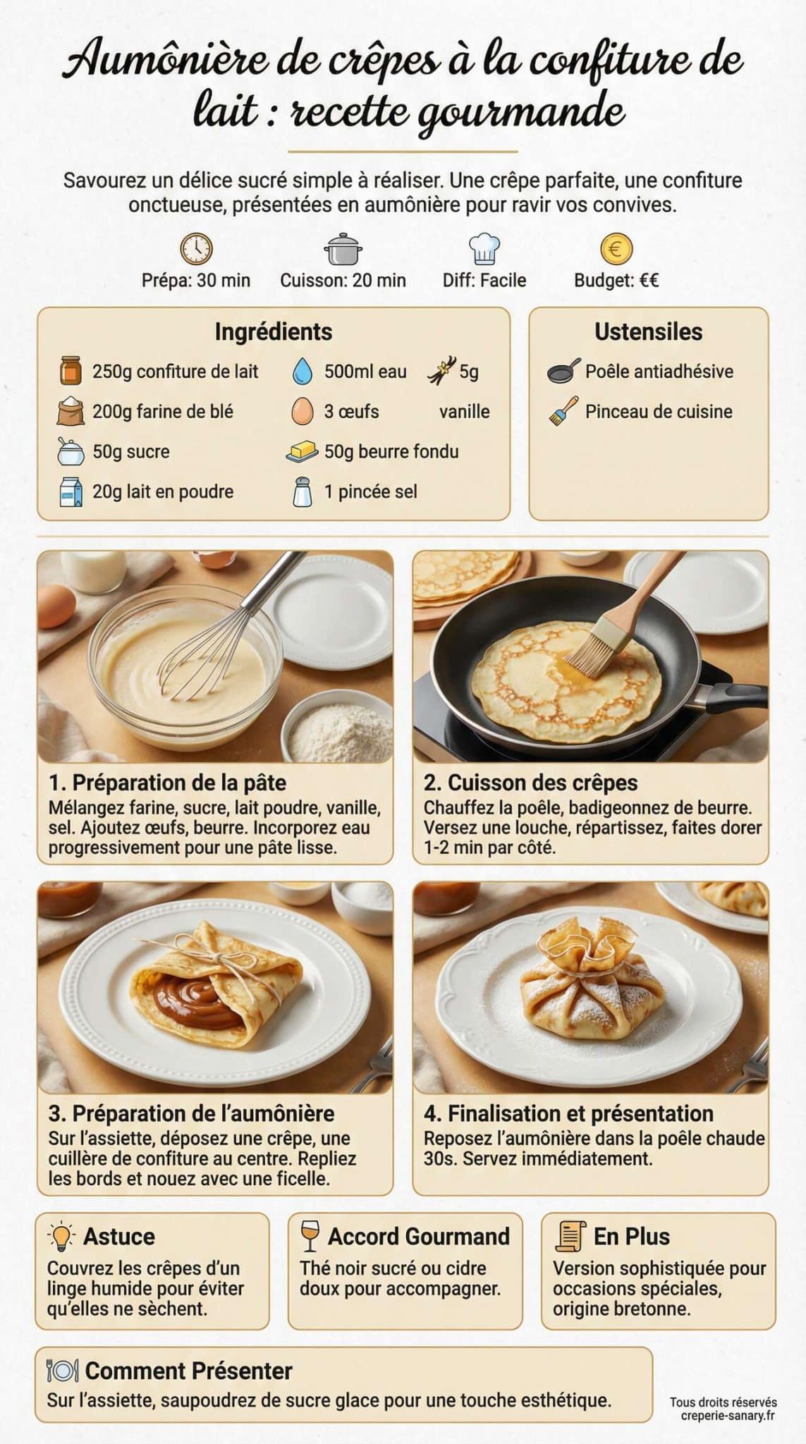 Fiche recette Aumônière de crêpes à la confiture de lait : recette gourmande Fiche recette Aumônière de crêpes à la confiture de lait : recette gourmande