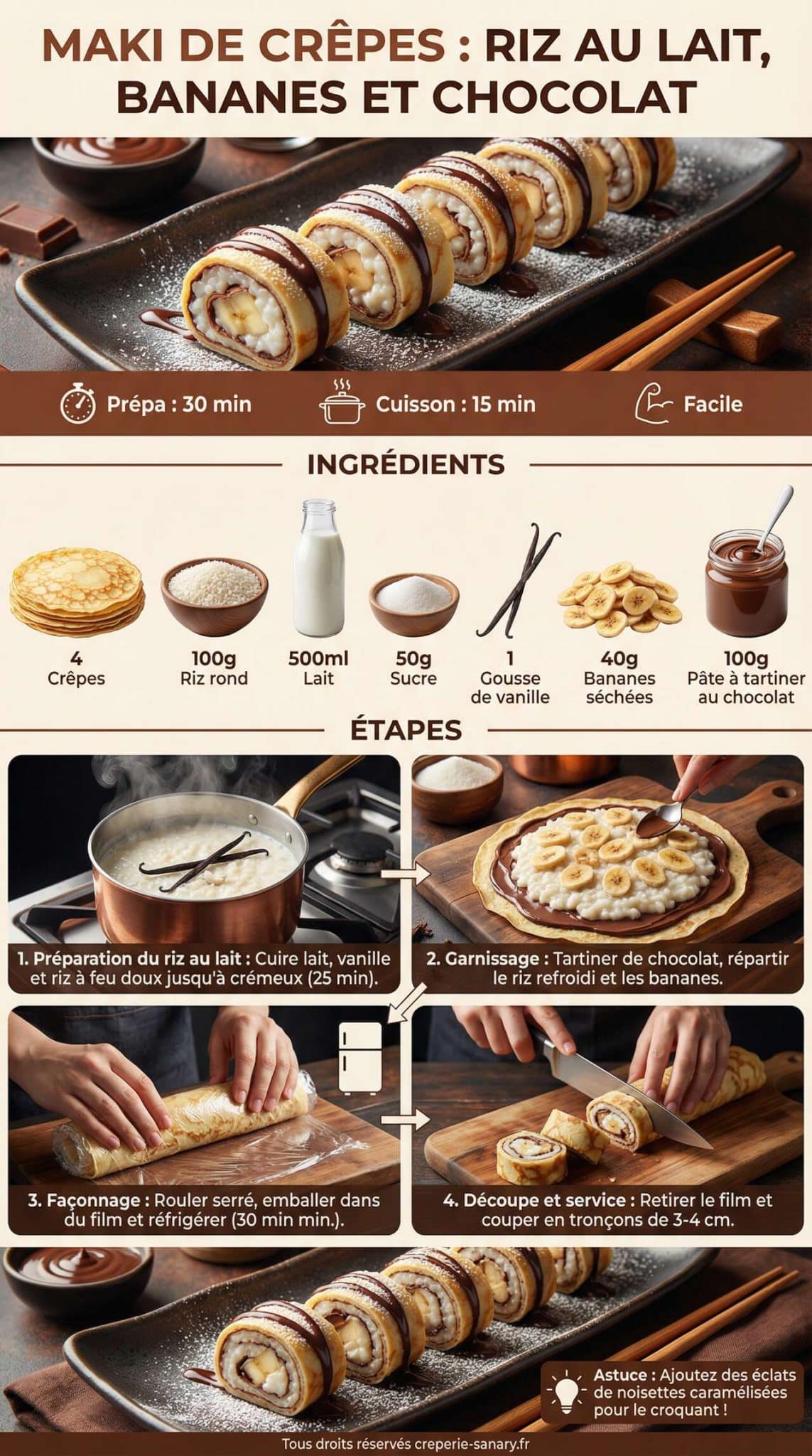 Fiche recette Maki de crêpes : riz au lait, bananes et chocolat Fiche recette Maki de crêpes : riz au lait, bananes et chocolat