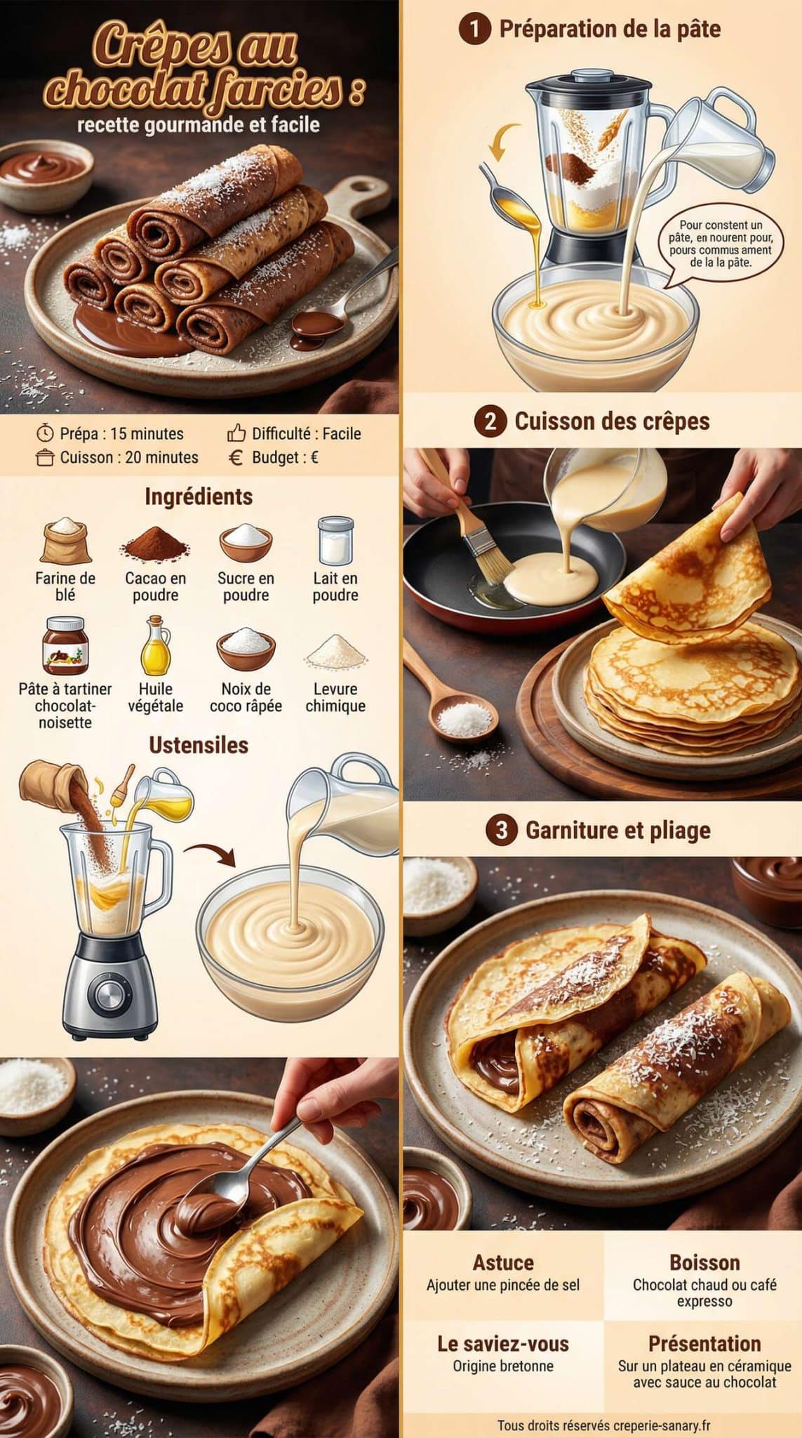 Fiche recette Crêpes au chocolat farcies : recette gourmande et facile Fiche recette Crêpes au chocolat farcies : recette gourmande et facile